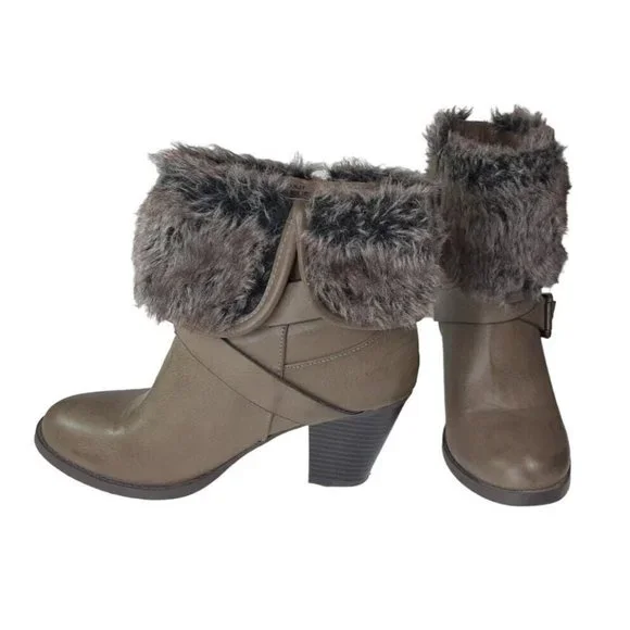 Just Fab Boots Womens Size 9 Ankle Boots Mckinley Taupe Faux Fur Trim Br… - Picture 2 of 8